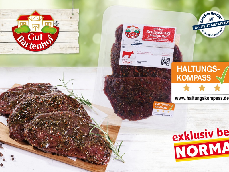 NORMA-Rindfleisch von GUT BARTENHOF mit Haltungskompass Stufe 3 für mehr Tierwohl im Discount-Sortiment / Neuer Meilenstein beim Lebensmittel-Händler - Foto: presseportal.de