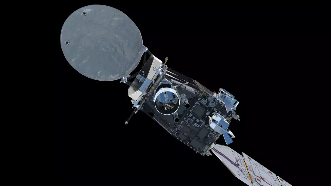 Eine künstlerische Darstellung des Erdbeobachtungssatelliten «Earthcare». - Bild: Esa/Atg Medialab/PA Media/dpa