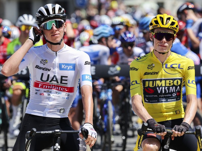 Tadej Pogacar (l) ist der große Favorit für die Tour de France. Ob Titelverteidiger Jonas Vingegaard (r) bei der Frankreich-Rundfahrt am Start ist, steht noch nicht fest. - Foto: David Pintens/Belga/dpa