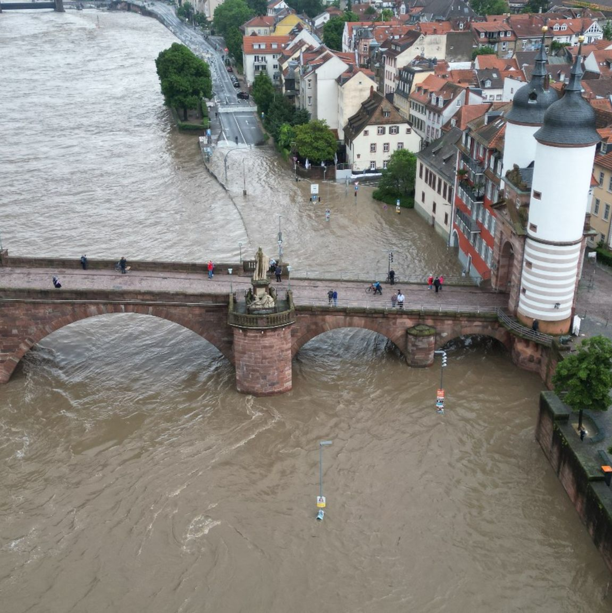 Das Wasser hat die Heidelberger Altstadt erreicht. - Foto: Rene Priebe/dpa