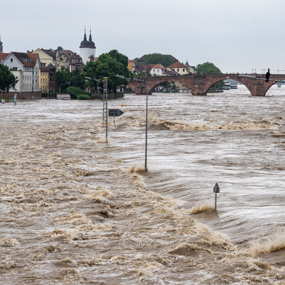 Der Neckar ist auf Höhe der historischen Altstadt von Heidelberg bei massivem Hochwasser über die Ufer getreten. - Foto: Boris Roessler/dpa