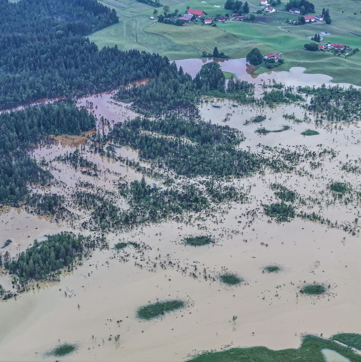 Im Bereich Taufach und Fetzachmoos sind Teile der Landschaft überschwemmt (Aufnahme mit einer Drohne). - Foto: Jason Tschepljakow/dpa