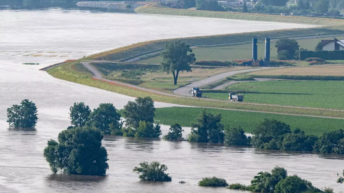 Dämme schützen vor dem Hochwasser der Donau. - Bild: Armin Weigel/dpa