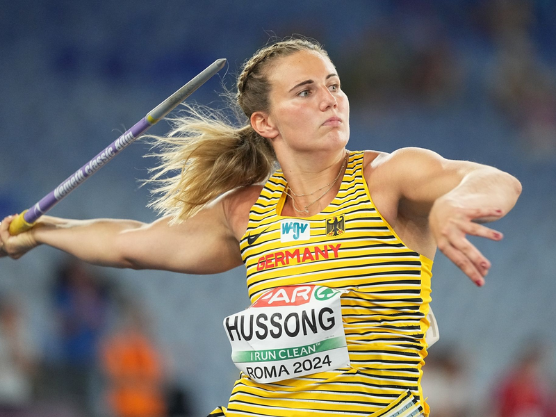 Die 30-jährige Christin Hussong warf in Rom mit 61,92 Metern ihre Saisonbestleistung. - Foto: Michael Kappeler/dpa