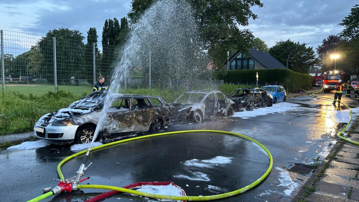 FW-PI: Drei Fahrzeuge brennen aus, darunter ein Hybdrid- und ein Vollelektrofahrzeug / Langwierige Nachlöscharbeiten - Foto: presseportal.de