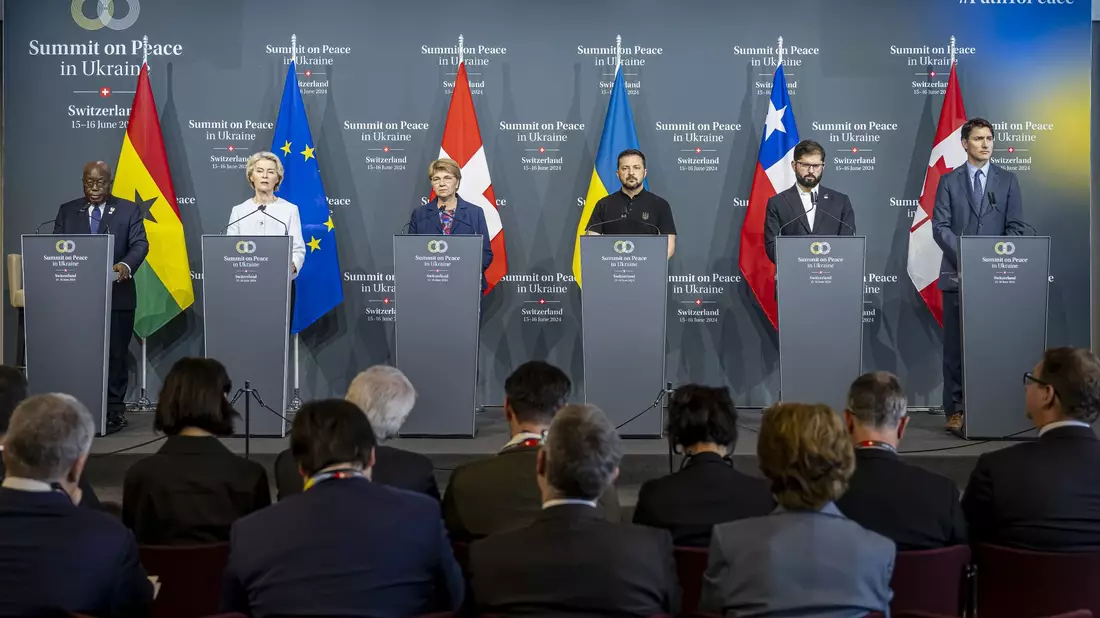Worte zum Abschluss. Der zweittägige Gipfels zum Frieden in der Ukraine im Bürgenstock Resort in der Schweiz ist beendet. - Bild: Urs Flueeler/KEYSTONE/EDA/POOL/dpa