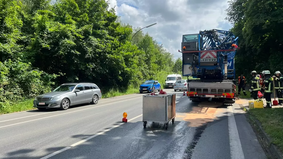 FW-WRN: TH_1 - LZ1 - Hydraulikschlauch geplatzt // Gefahrenstelle // Fahrbahn rutschig - Bild: presseportal.de