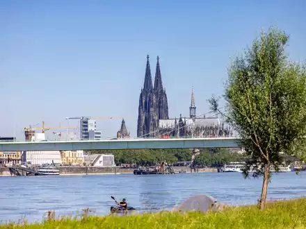 Ein Kajakfahrer rudert auf dem Rhein, im Hintergrund ist der Kölner Dom und die Severinbrücke zu sehen. - Foto: Thomas Banneyer/dpa