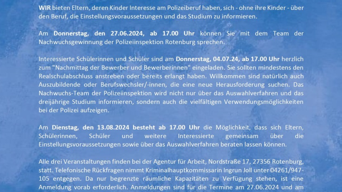 POL-ROW: ++ Erinnerung: Polizeiinspektion Rotenburg lädt zu spannenden Info-Veranstaltungen ein! ++ Lust auf Polizei? ++ - Foto: presseportal.de