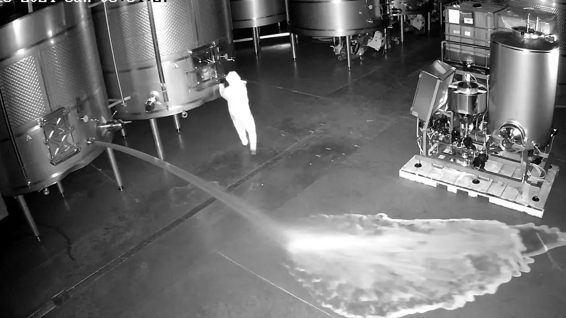 Aufnahme einer Sicherheitskamera: Im Lagerraum der Kellerei Bodegas Cepa 21 wird Wein verschüttet. - Bild: CEPA 21/Europapress/dpa