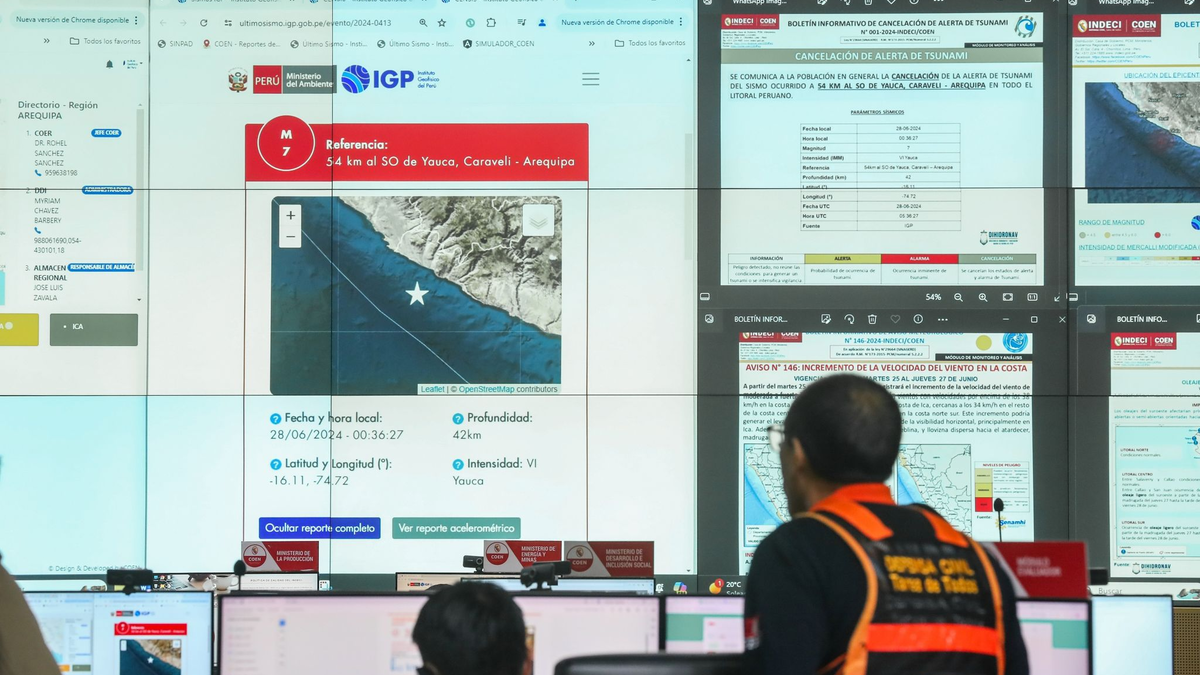 Mitarbeiter des peruanischen Zivilschutzes verolgen das starke Erdbeben auf Monitoren. - Foto: Olea/Presidencia Peru/dpa