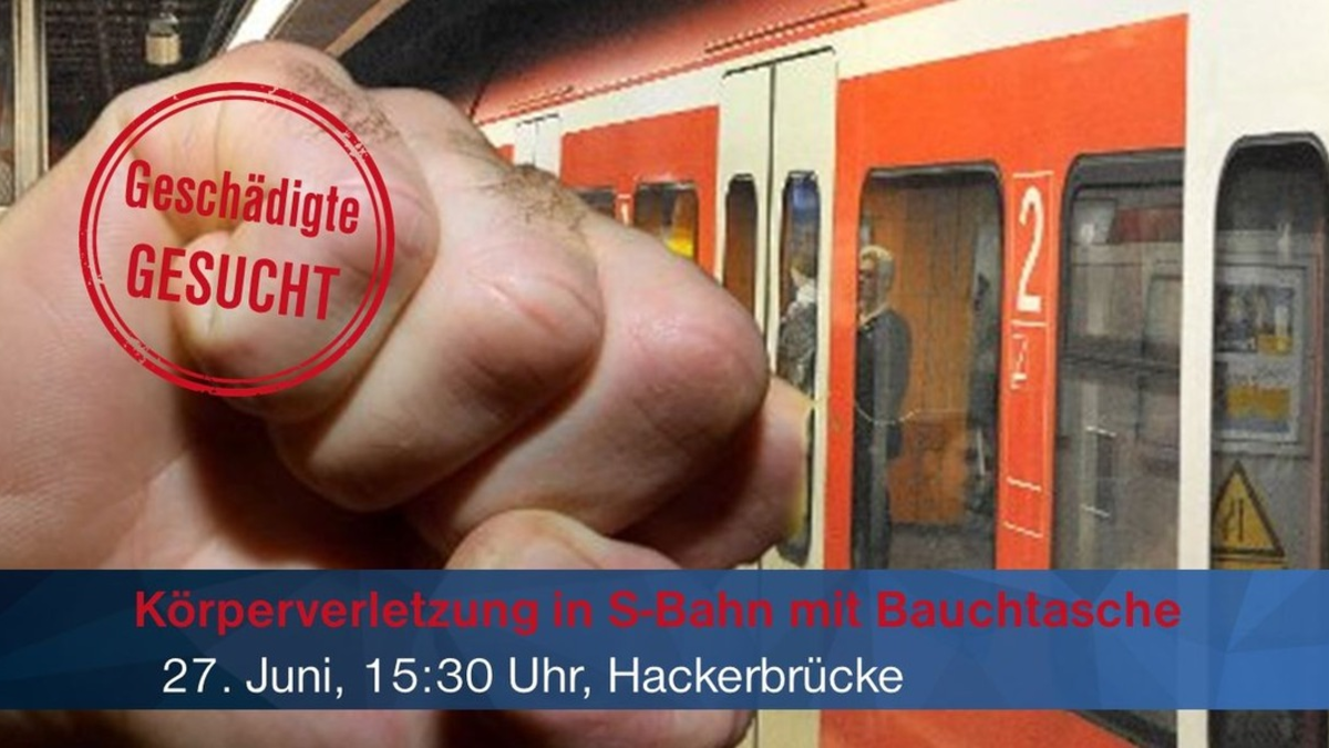 Bundespolizeidirektion München: Bundespolizei sucht Zeugen bzw. zwei Geschädigte - 26-Jährige schlägt in S-Bahn bei Pasing u.a. mit Bauchtasche zu - Foto: presseportal.de