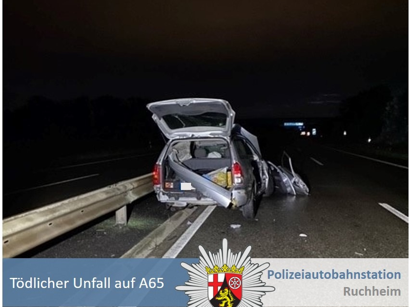 POL-PDNW: Gemeinsame Pressemeldung der Staatsanwaltschaft Frankenthal (Pfalz) und der Polizeiautobahnstation Ruchheim -Verkehrsunfall auf A65 endet tödlich - Zeugenaufruf - Foto: presseportal.de