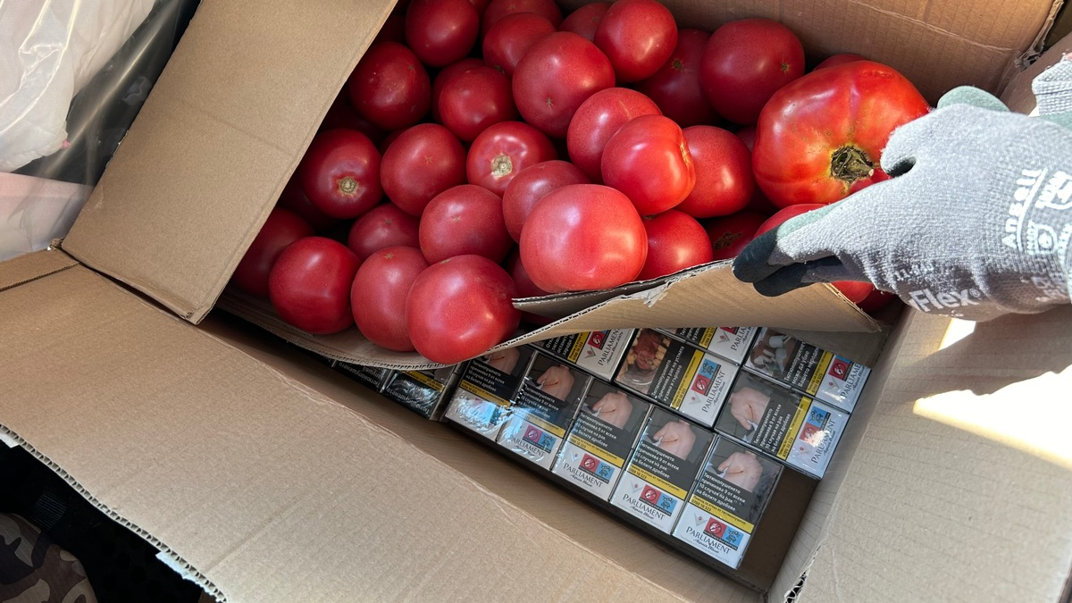 HZA-EF: Zoll entdeckt Schmuggelware unter Tomaten / Fahrer versteckt 7.000 Zigaretten und 20 Liter Alkohol und muss nun rund 1.400 Euro Steuern zahlen - Foto: presseportal.de