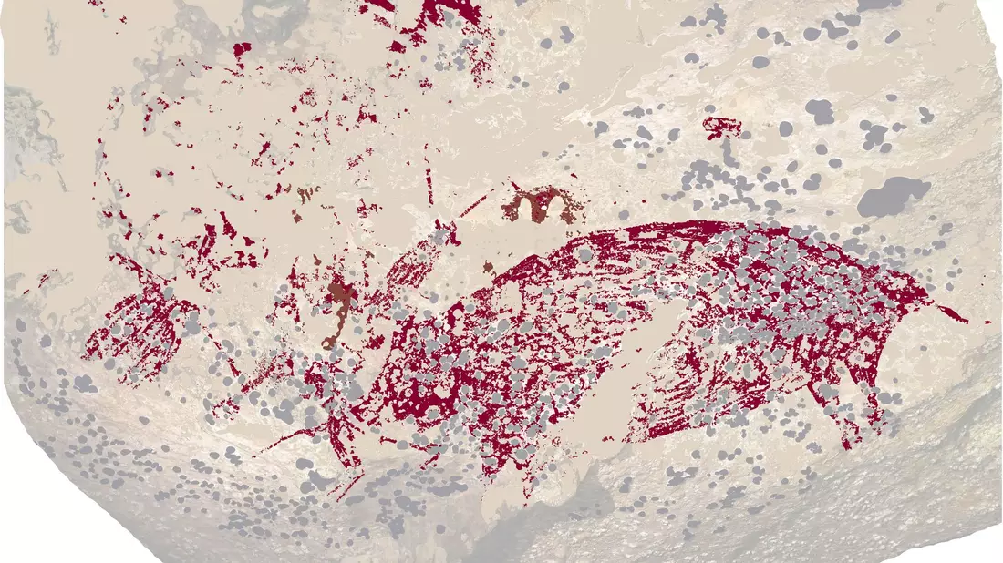 Älteste gegenständliche Malerei: drei Figuren und ein Wildschwein.  - Bild: Griffith University/dpa