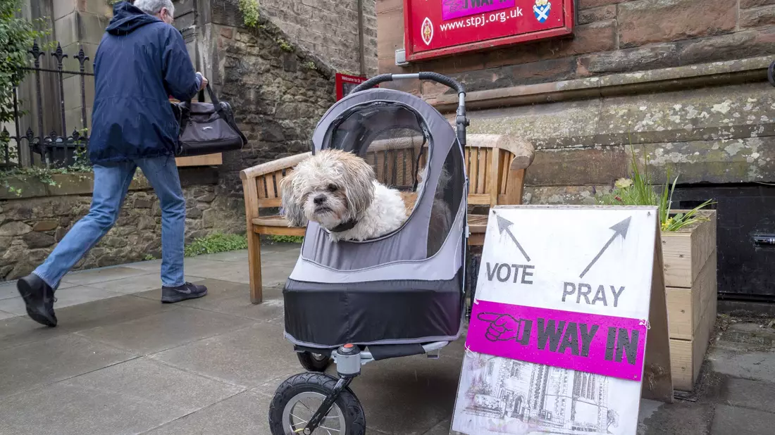 Die Menschen in Großbritannien gelten als besonders tierlieb und bringen ihre Hunde oft zum Wählen mit. - Bild: Jane Barlow/PA Wire/dpa
