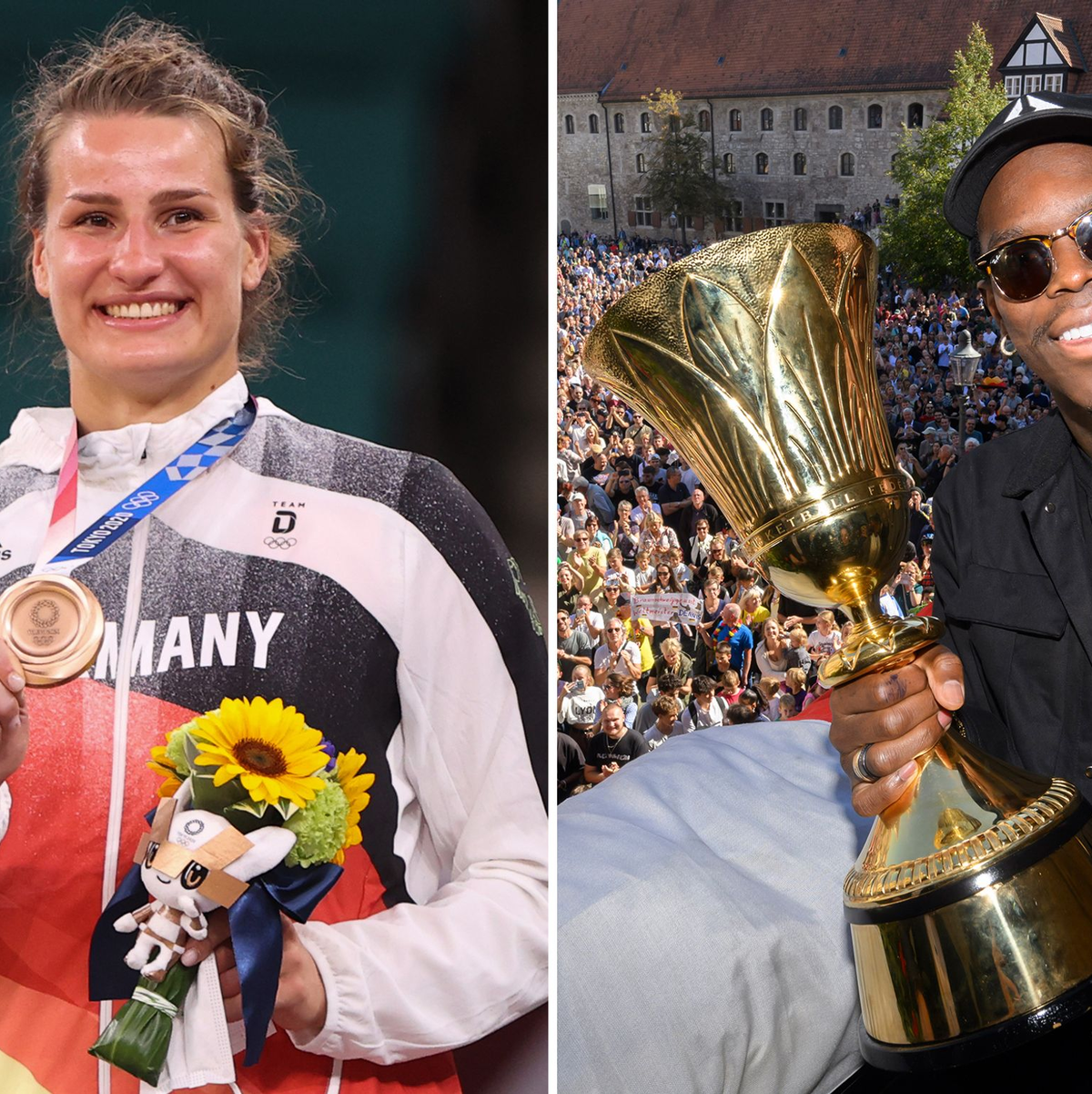 Werden die deutsche Fahne in Paris tragen: Judoka Anna-Maria Wagner und Basketballer Dennis Schröder. - Foto: Julian Stratenschulte/Oliver Weiken/dpa