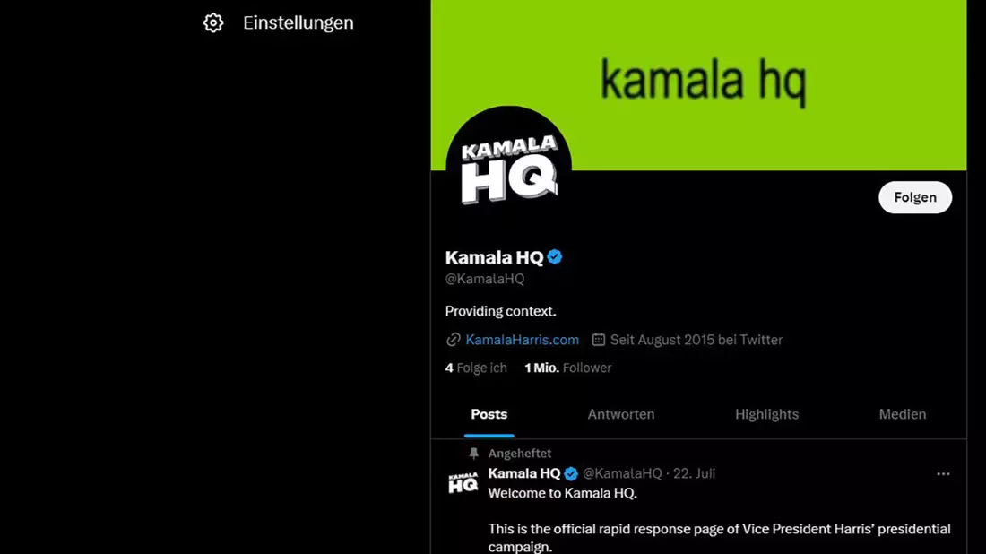 Inspiriert von Charli XCX: Wahlkampf-Account von Kamala Harris auf X mit grünem Logo. - Bild: Kamala Harris/X/dpa