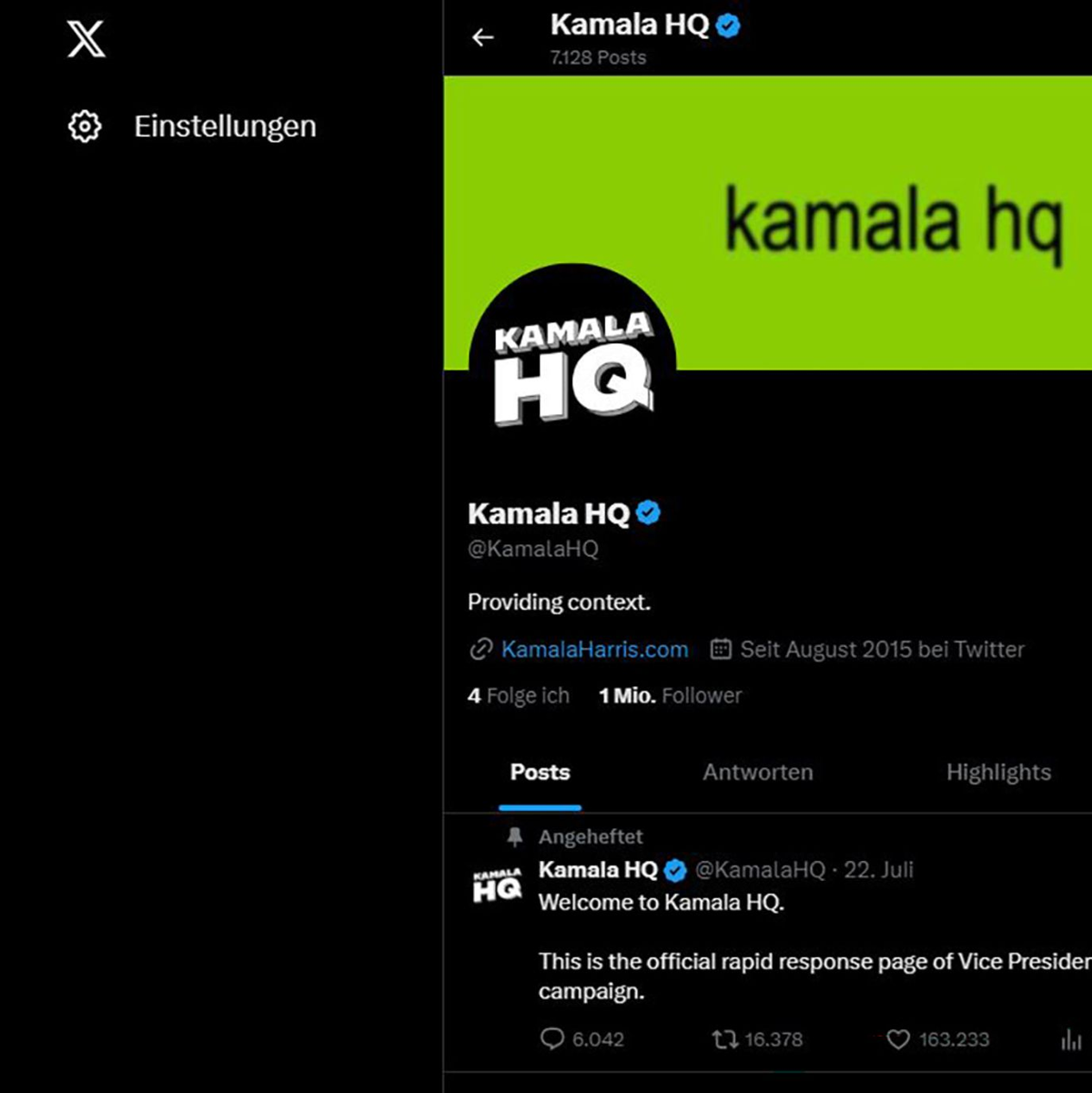 Inspiriert von Charli XCX: Wahlkampf-Account von Kamala Harris auf X mit grünem Logo. - Foto: Kamala Harris/X/dpa