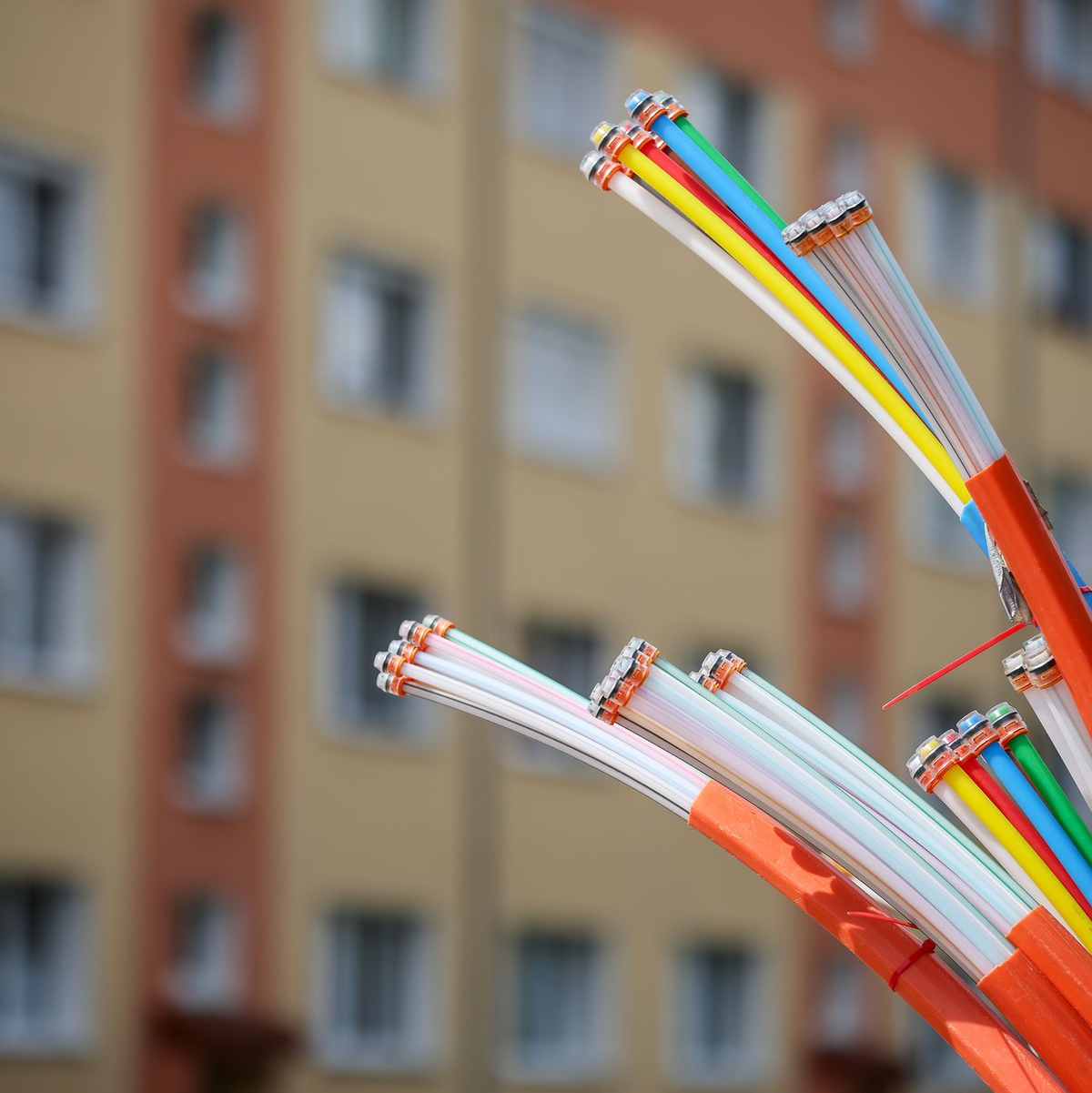 Erst mal angeschlossen, bieten sie Highspeed-Internet: Glasfaserkabel, die aus dem Sockel eines Schaltschranks herausragen. - Foto: Jan Woitas/dpa