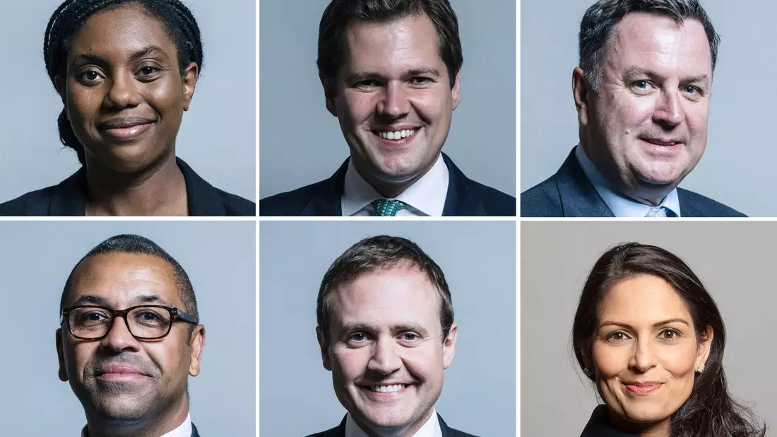 Sechs Kandidatinnen und Kandidaten haben offiziell Bewerbungen angekündigt: Kemi Badenoch, Robert Jenrick und Mel Stride, Priti Patel, Tom Tugendhat und James Cleverly (im Uhrzeigersinn). - Bild: Uncredited/UK Parliament/AP/dpa