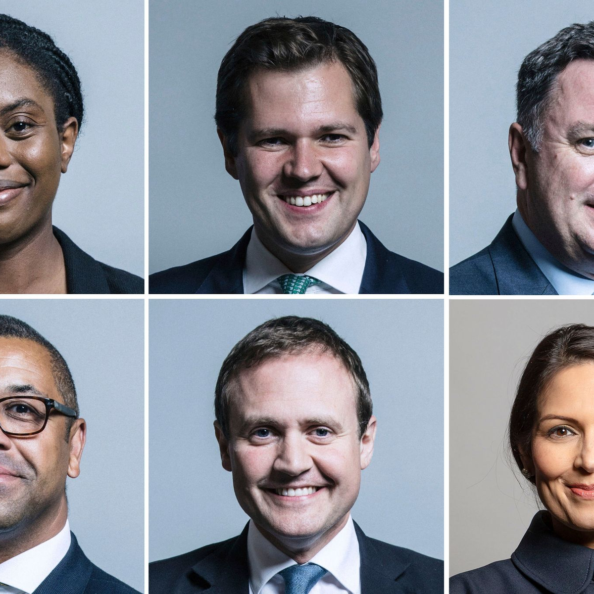 Sechs Kandidatinnen und Kandidaten haben offiziell Bewerbungen angekündigt: Kemi Badenoch, Robert Jenrick und Mel Stride, Priti Patel, Tom Tugendhat und James Cleverly (im Uhrzeigersinn). - Foto: Uncredited/UK Parliament/AP/dpa