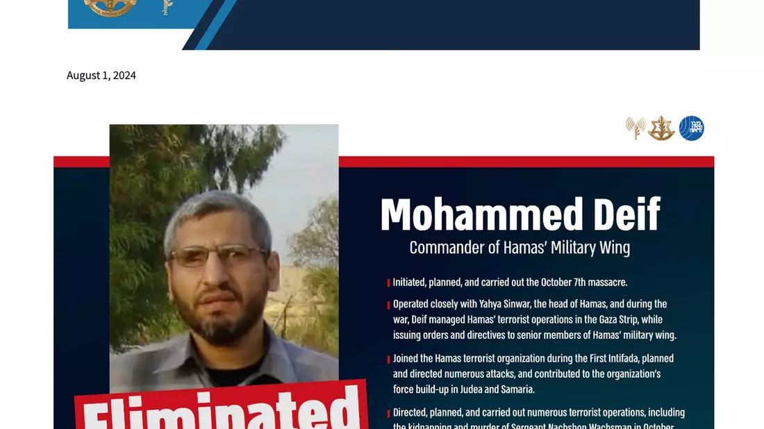 Israels Armee tötete Mohammed Deif im vergangenen Juli bei Chan Junis im Süden des Gazastreifens. (Archivbild) - Bild: Uncredited/Israel Defense Forces/AP/dpa