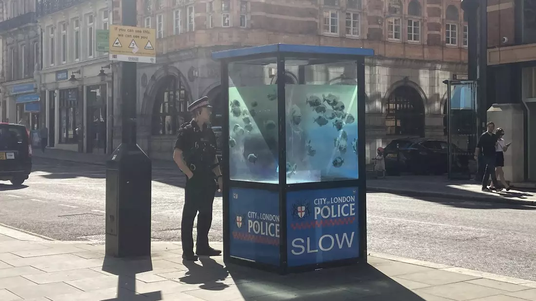 Das Polizeihäuschen ähnelt einer Telefonzelle, wirkt aber mit den Banksy-Fischen wie ein Aquarium. - Bild: Jordan Reynolds/PA Wire/dpa
