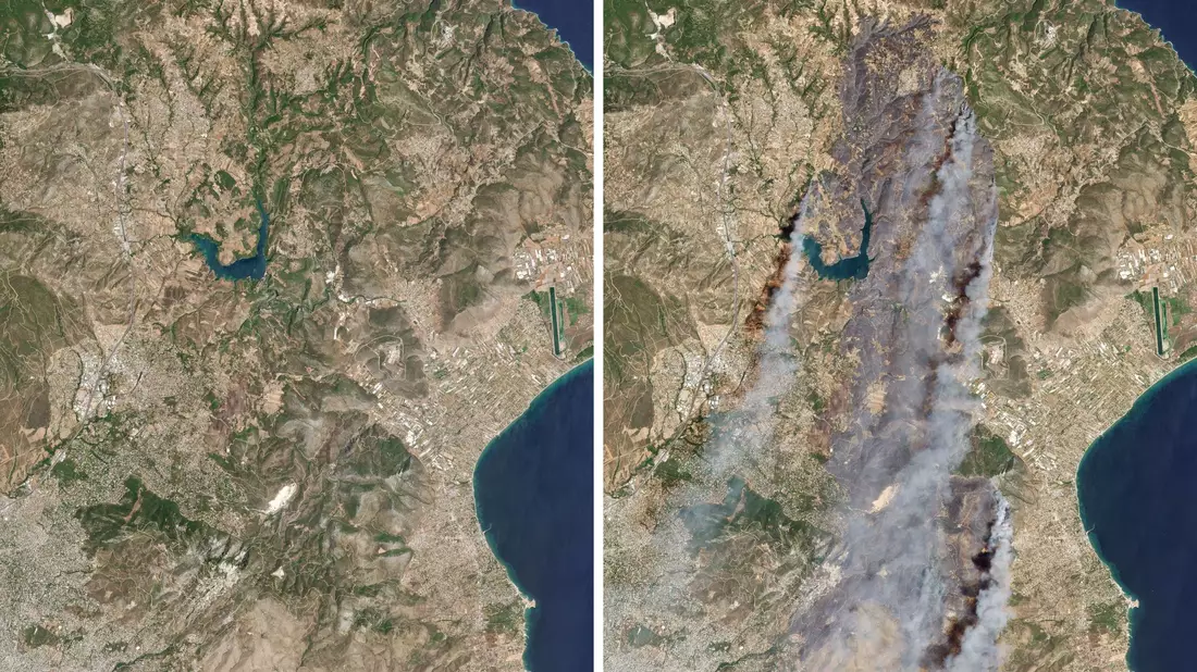 Rund 100 Quadratkilometer Fläche sind verbrannt. - Bild: Planet Labs Inc./dpa