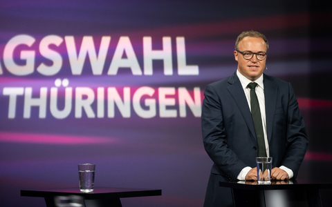 Nach einer TV-Runde fordert Thüringens CDU-Spitzenkandidat Mario Voigt von der Wagenknecht-Partei eine Erklärung zum Umgang mit der AfD. - Foto: Jacob Schröter/dpa