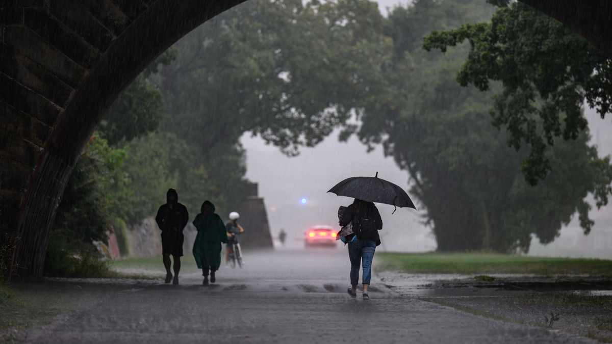 Menschen sind bei starkem Regen in Dresden während eines Gewitters auf dem Elberadweg unterwegs. - Foto: Robert Michael/dpa