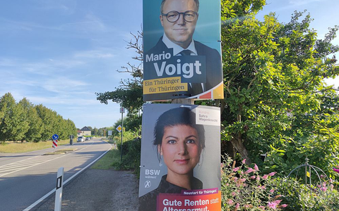 Wahlplakate mit Mario Voigt und Sahra Wagenknecht zur Landtagswahl in Thüringen (Archiv) - Foto: über dts Nachrichtenagentur