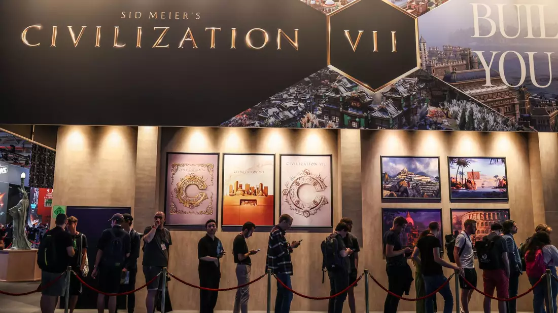 Der Messestand des Strategiespiels Civilization, das in verschiedenen Ausgaben seit mehr als drei Jahrzehnten auf dem Markt ist. - Bild: Oliver Berg/dpa