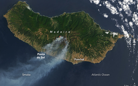 Der Rauch der Waldbrände zieht über die Insel Madeira. Zuvor war Portugal in diesem Sommer von größeren Waldbränden verschont geblieben. - Foto: Nasa Earth/ZUMA Press Wire/dpa