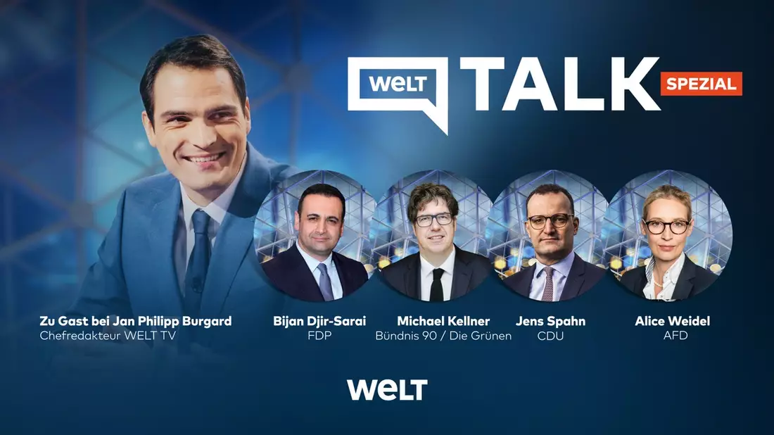 WELT TV mit Sondersendung zu Landtagswahlen / ab 21 Uhr WELT Talk mit Alice Weidel (AfD), Jens Spahn (CDU), Bijan Djir-Sarai (FDP) und Michael Kellner (Bündnis 90/Die Grünen) - Bild: presseportal.de
