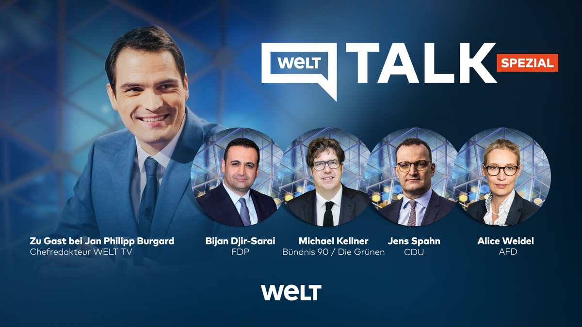 WELT TV mit Sondersendung zu Landtagswahlen / ab 21 Uhr WELT Talk mit Alice Weidel (AfD), Jens Spahn (CDU), Bijan Djir-Sarai (FDP) und Michael Kellner (Bündnis 90/Die Grünen) - Foto: presseportal.de