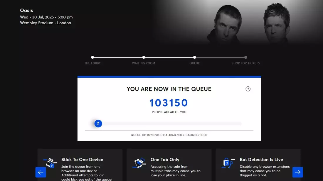 Die Online-Warteschlangen waren lang, um an Oasis-Tickets zu gelangen. - Bild: ---/Ticketmaster.Co.Uk/PA Media/dpa