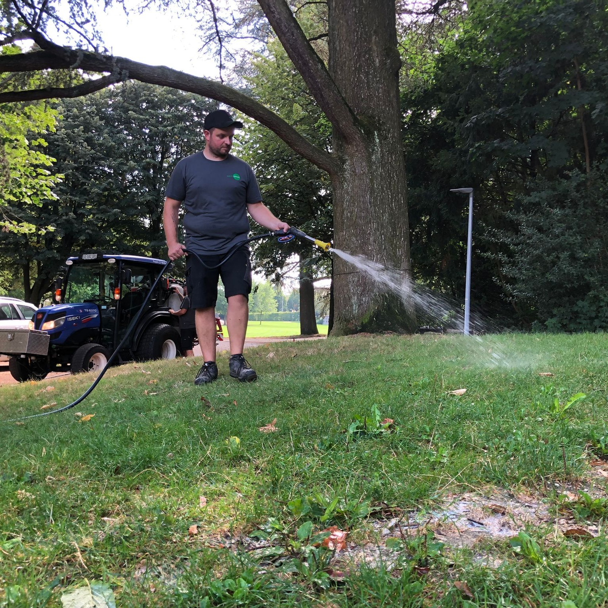 Eine Lösung mit Fadenwürmern wird in einem Park verspritzt. - Foto: Christian Böhmer/dpa