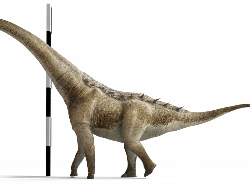 Die Romanfiguren Don Quichotte und sein Gehilfe Sancho Pansa sind in dieser Illustration neben dem neu entdeckten Dinosaurier zu sehen. - Foto: Gbe-Uned/dpa