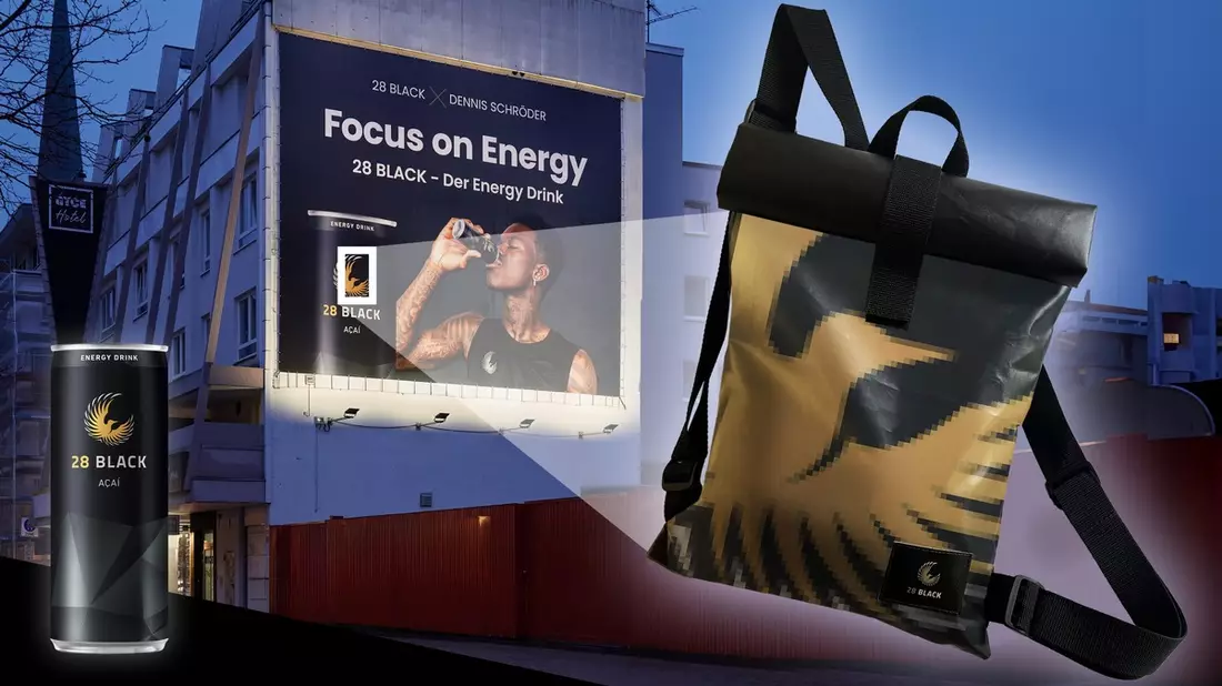 28 Black zeigt nachhaltige Innovation mit Stil / 28 Black Riesenposter mit Dennis Schröder werden zu stylischen Upcycling-Rucksäcken / Bald zu gewinnen! - Bild: presseportal.de