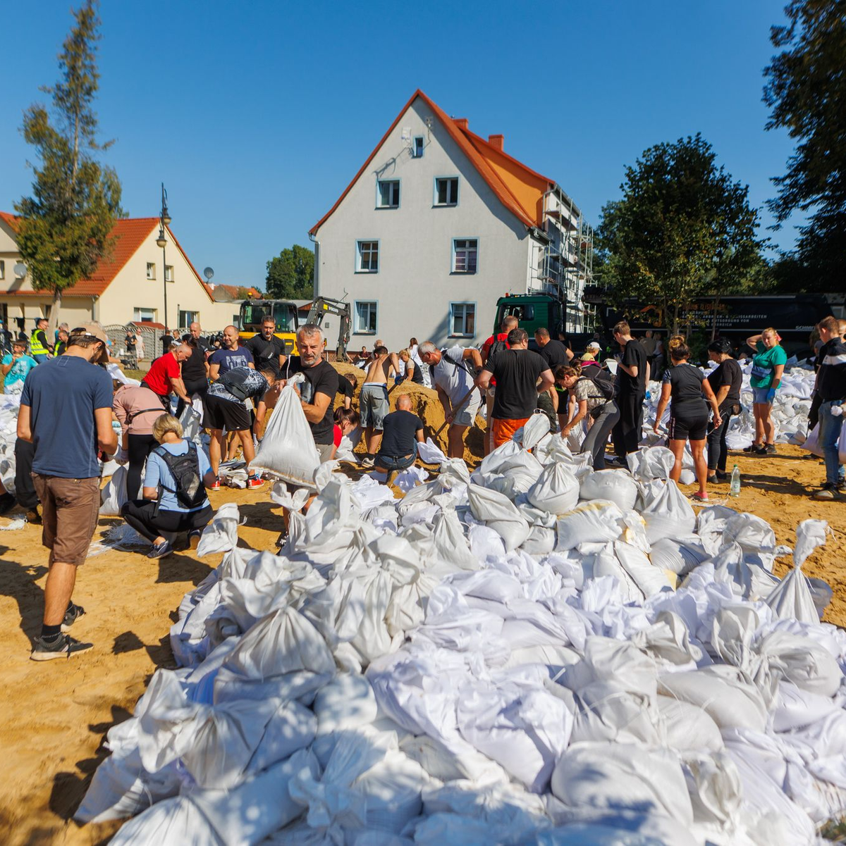 Menschen arbeiten in Polen an der Verstärkung der Deiche. - Foto: Krzysztof Zatycki/ZUMA Press Wire/dpa