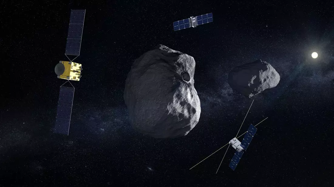 Diese Illustration zeigt links die europäische Raumsonde am Doppel-Asteroiden Dimorphos/Didymos. - Bild: -/ESA/dpa