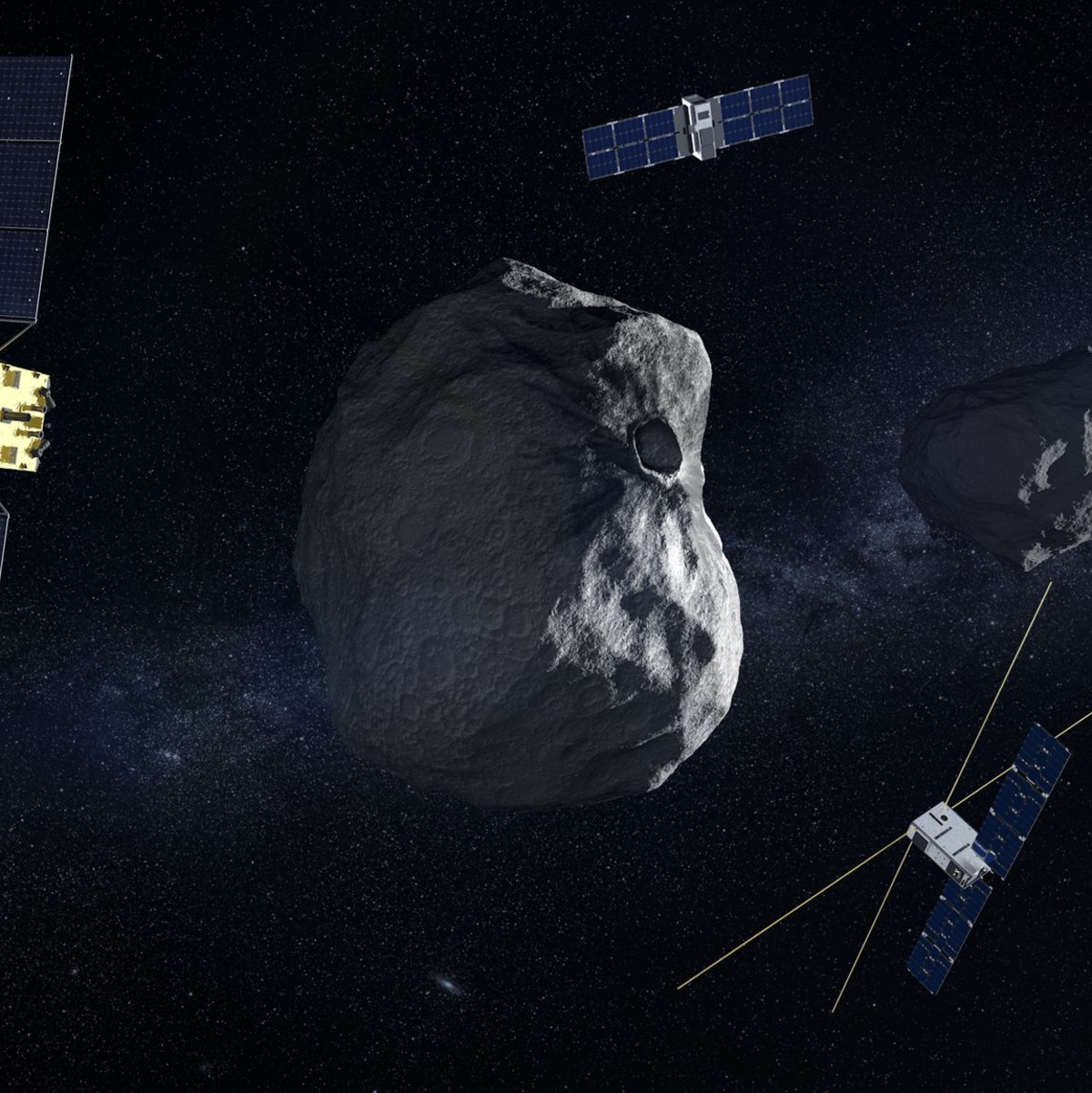 Mission «Hera» mit Raumsonde (l) und begleitenden CubeSats (oben Milani und unten Juventas) am Doppel-Asteroiden Dimorphos/Didymos. - Foto: -/ESA/dpa