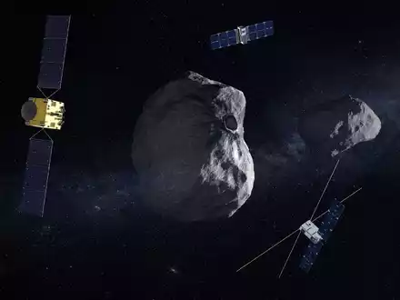 Diese Illustration zeigt links die europäische Raumsonde am Doppel-Asteroiden Dimorphos/Didymos. - Foto: -/ESA/dpa