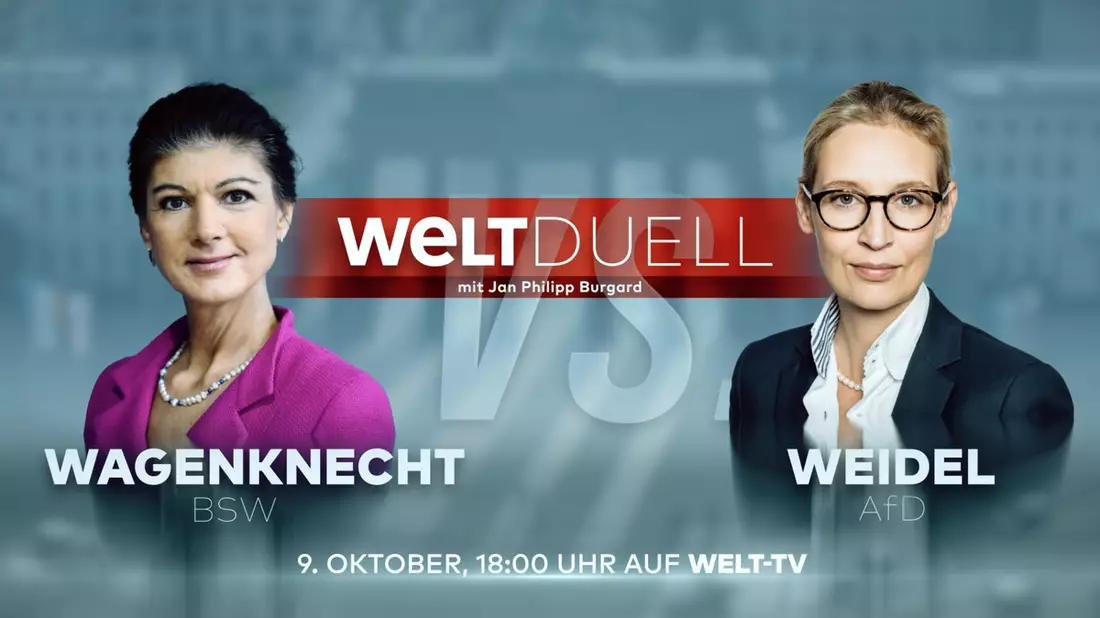Alice Weidel und Sahra Wagenknecht im WELT TV-Duell / Mittwoch, 9. Oktober, ab 18 Uhr - Bild: presseportal.de