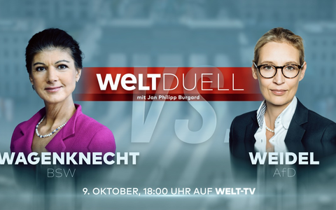 Alice Weidel und Sahra Wagenknecht im WELT TV-Duell / Mittwoch, 9. Oktober, ab 18 Uhr - Foto: presseportal.de
