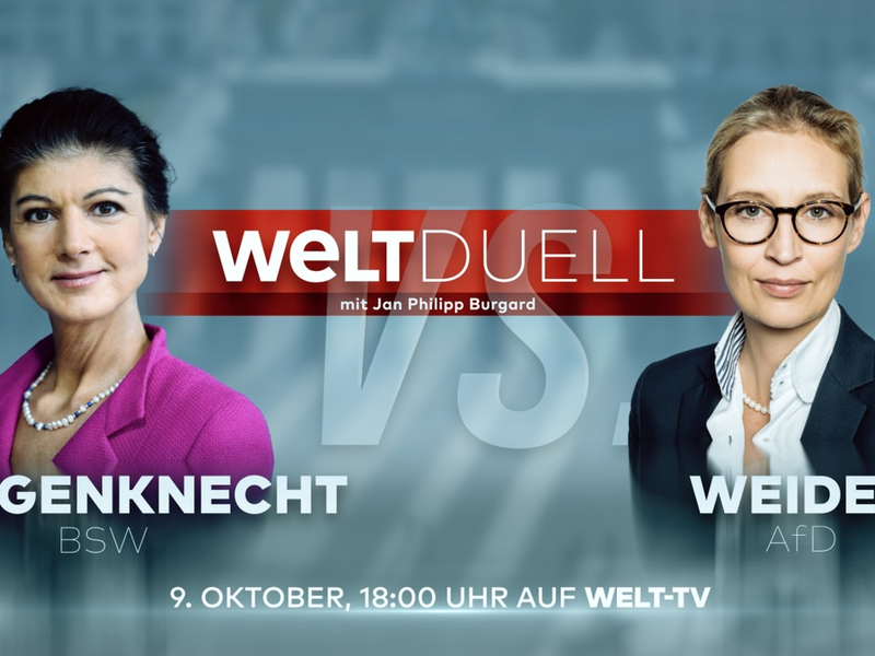 Alice Weidel und Sahra Wagenknecht im WELT TV-Duell / Mittwoch, 9. Oktober, ab 18 Uhr - Foto: presseportal.de