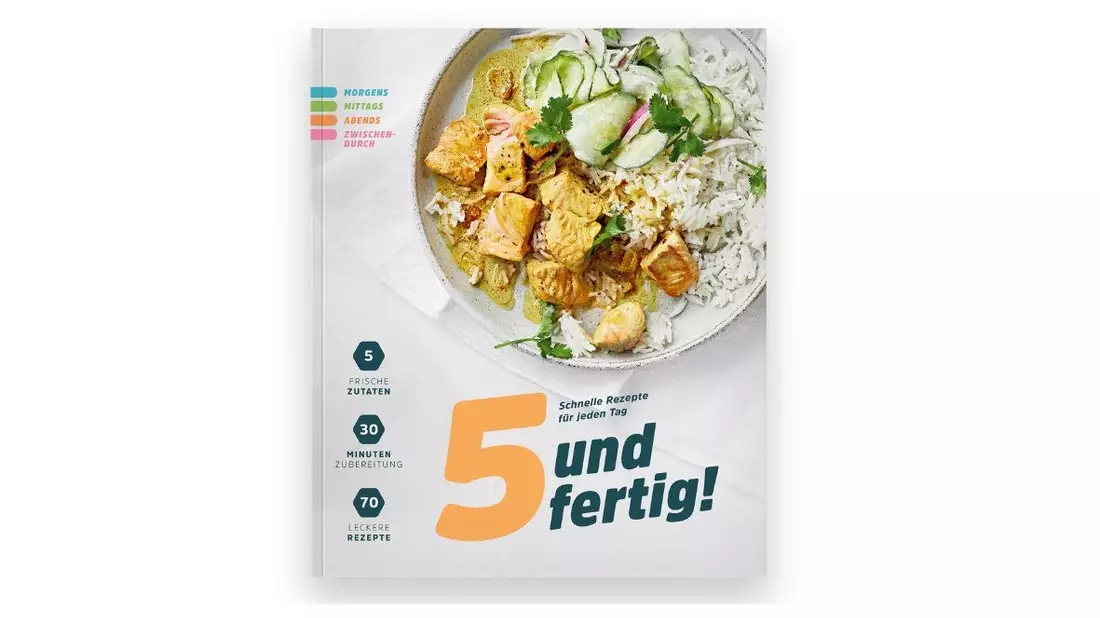 5 Zutaten, 30 Minuten, 70 Rezepte / Schnelle Gerichte für jeden Tag: Das neue Kochbuch 5 und fertig! von EDEKA - Bild: presseportal.de
