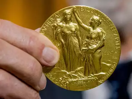 Die Rückseite der Nobel-Medaille für Physik stellt die Natur in Form einer Göttin dar, die ein Füllhorn hält. Der Schleier, der ihr Gesicht bedeckt, wird vom Genie der Wissenschaft hochgehalten. (Archivbild) - Foto: Stefanie Loos/AP-Pool/dpa
