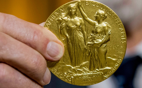 Die Rückseite der Nobel-Medaille für Physik stellt die Natur in Form einer Göttin dar, die ein Füllhorn hält. Der Schleier, der ihr Gesicht bedeckt, wird vom Genie der Wissenschaft hochgehalten. (Archivbild) - Foto: Stefanie Loos/AP-Pool/dpa